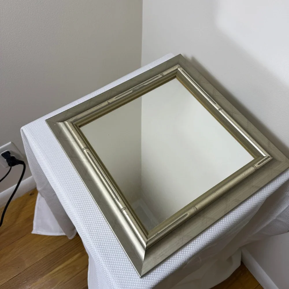 Silver Champagne Faux Bamboo Square Wall Mirror Hollywood Regency‎ 13.5x13.5